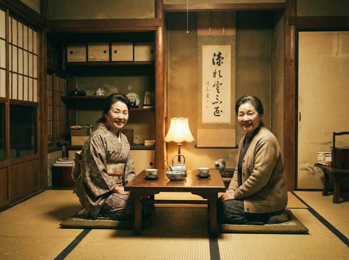 两位优雅的 伊人大杳蕉中文在线20 在日式茶室中品茶交谈